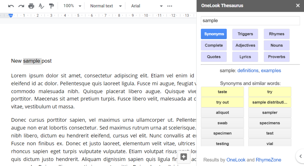 OneLook Thesaurus Sidebar Tool