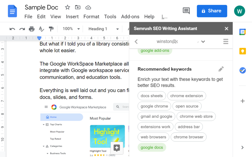 SEMRush Google Docs add-on