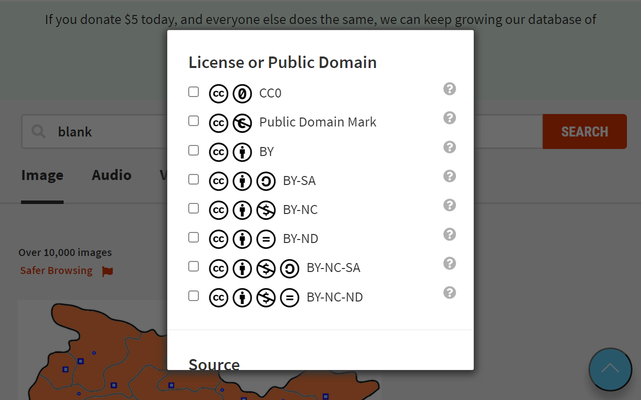 CC Search filtering panel