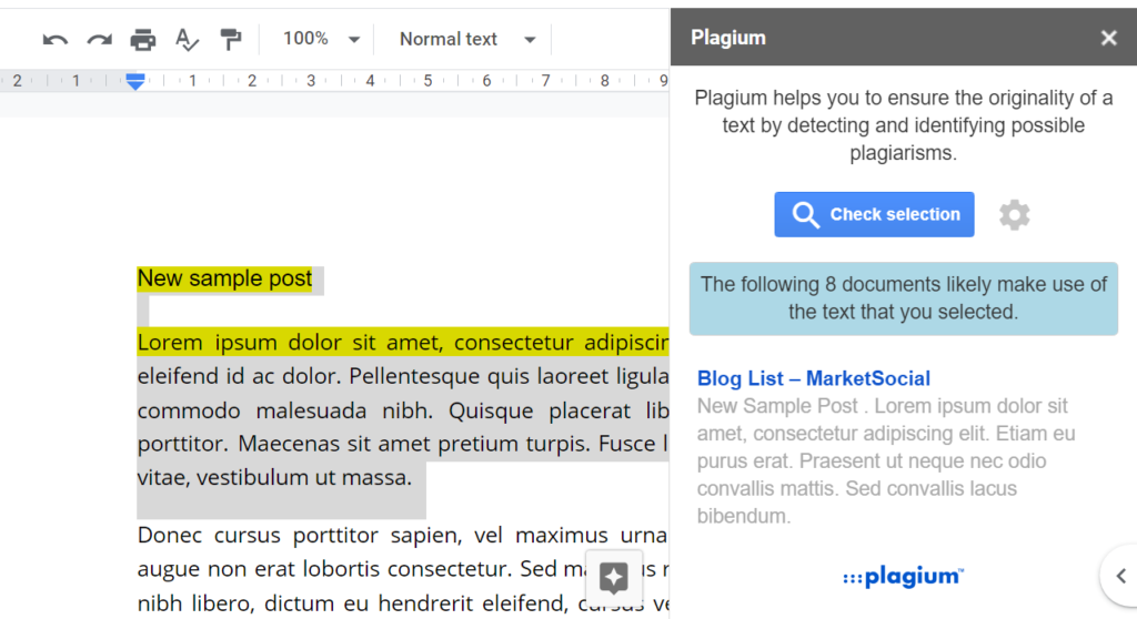 Plagium Plagiarism Google Docs Add-on