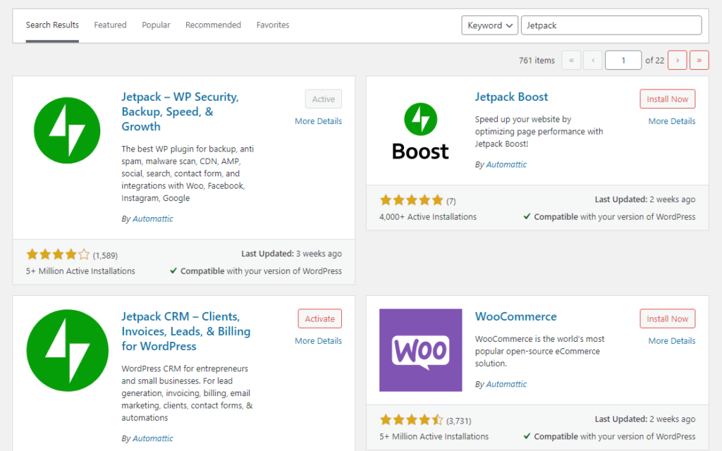 Jetpack Plugins in WordPress Results