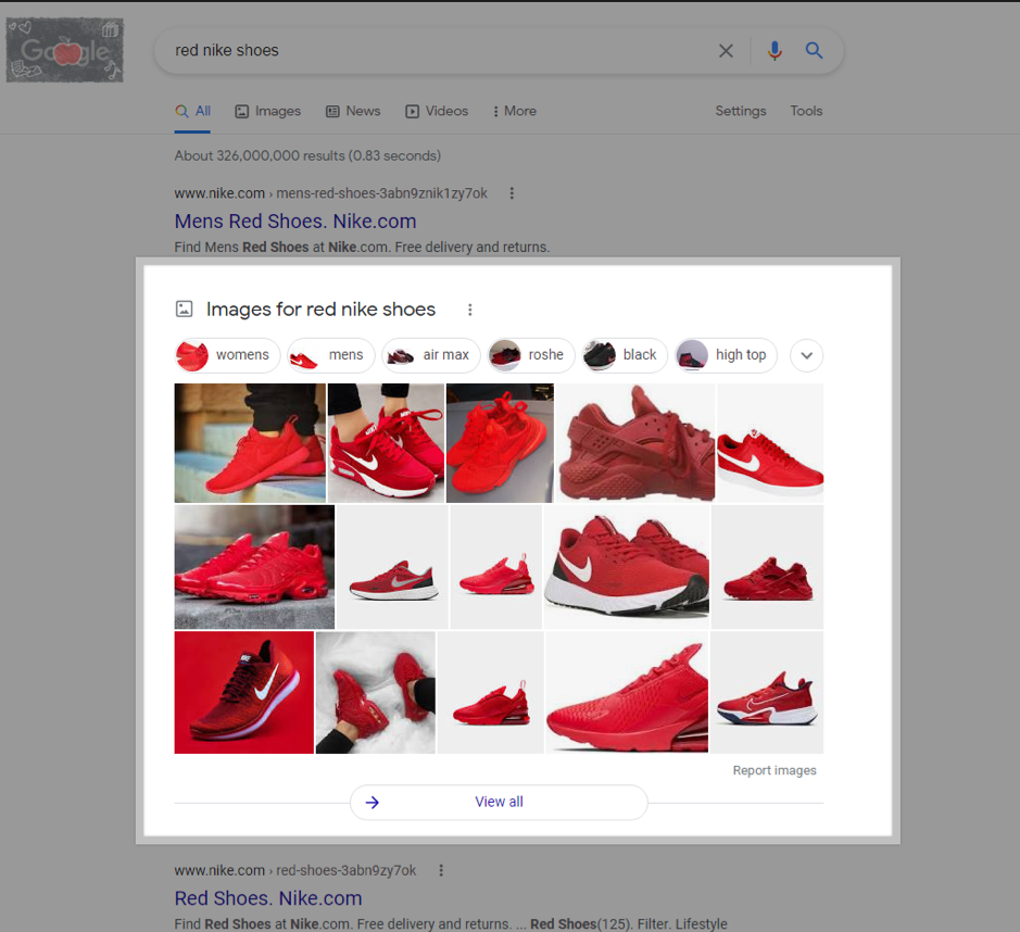 Google results for Red Nike shoes, importance of alt tags