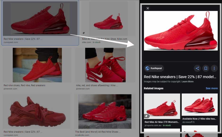 Google search UI results for red nike sneaker