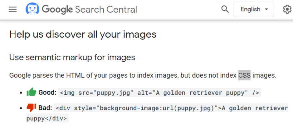 Google Search Central Screenshot, message about indexing HTML and CSS images.