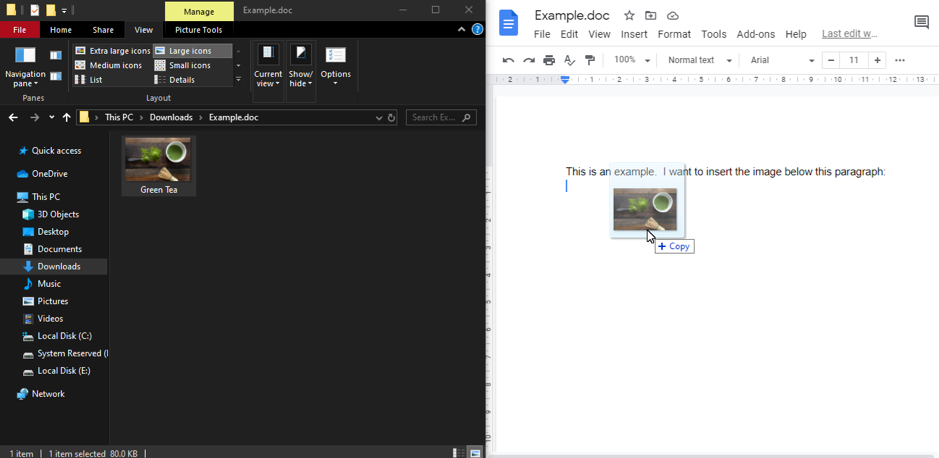 Uploading images from File Explorer Windows 10 to G Docs