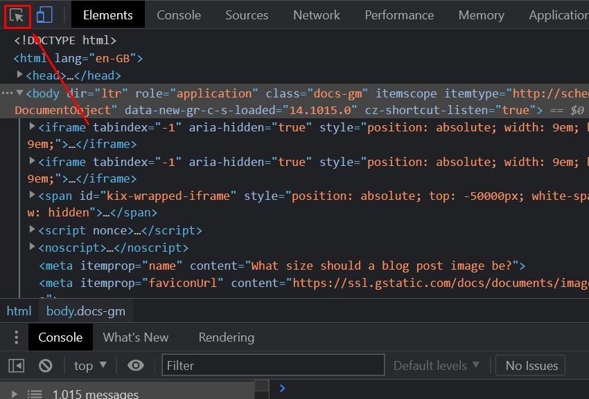 Using developer tools to check content column width