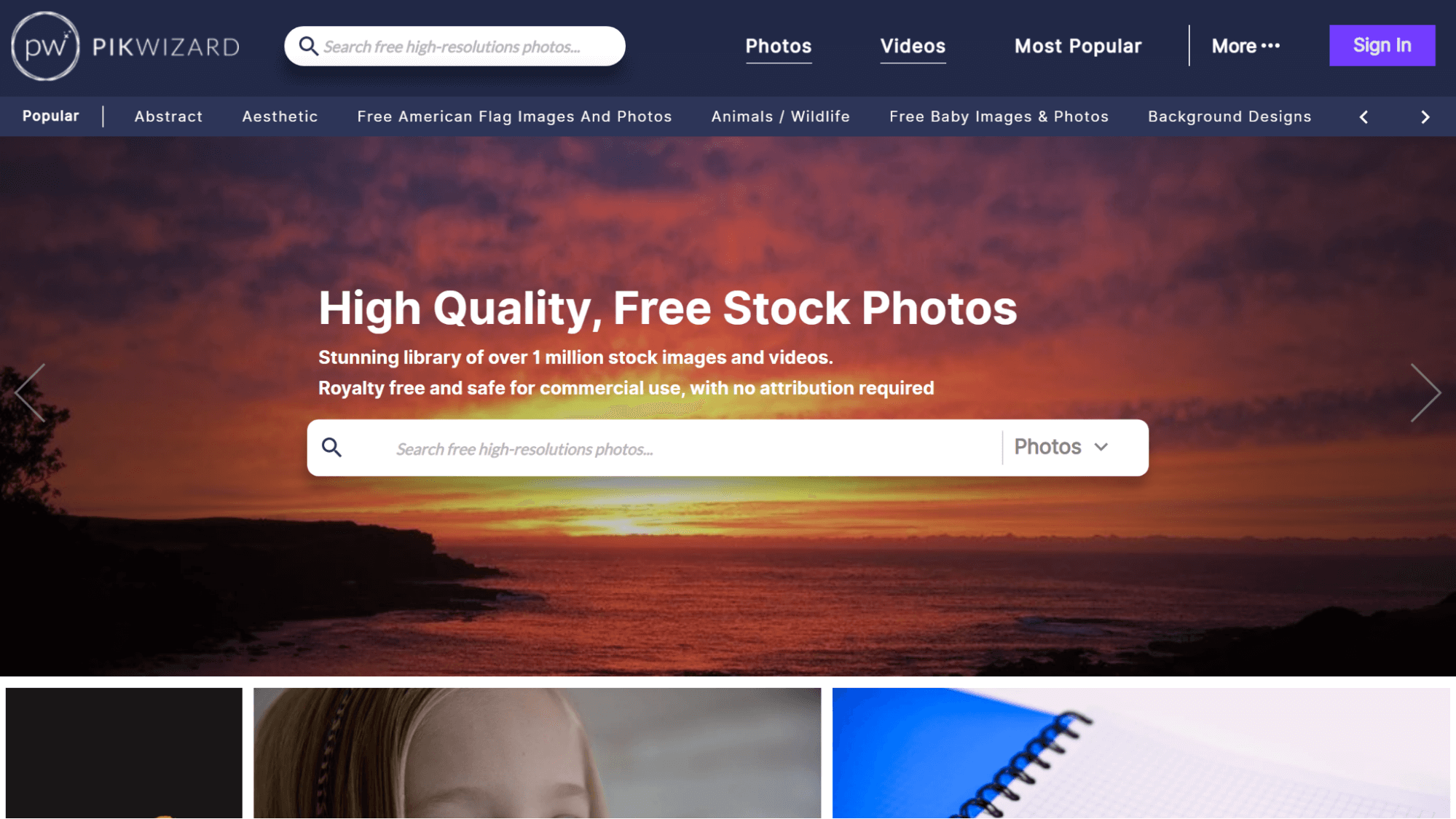 Pikwizard a source for over 1 million free stock photos - screenshot of homepage