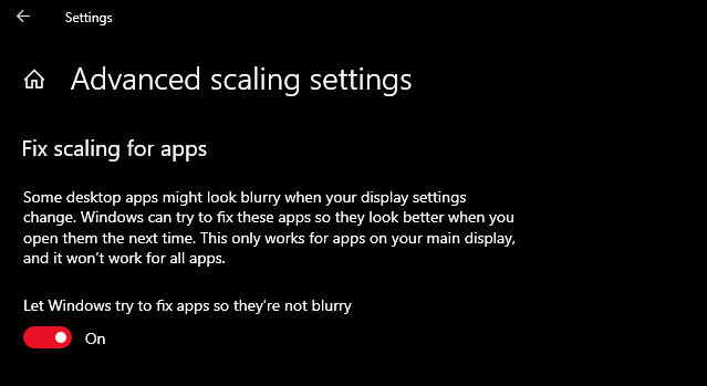 Advanced scaling option Windows 10