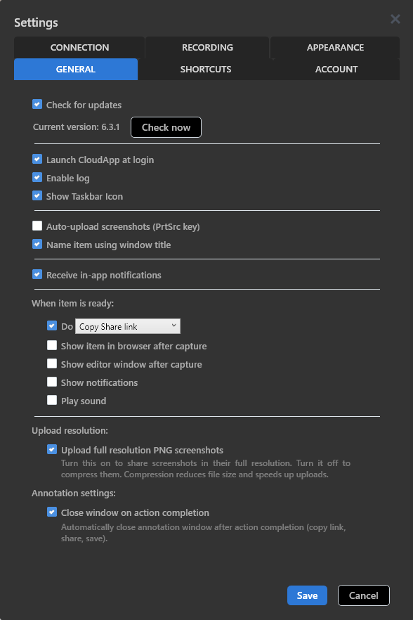 CloudApp Settings showing common settings of Screenshot apps