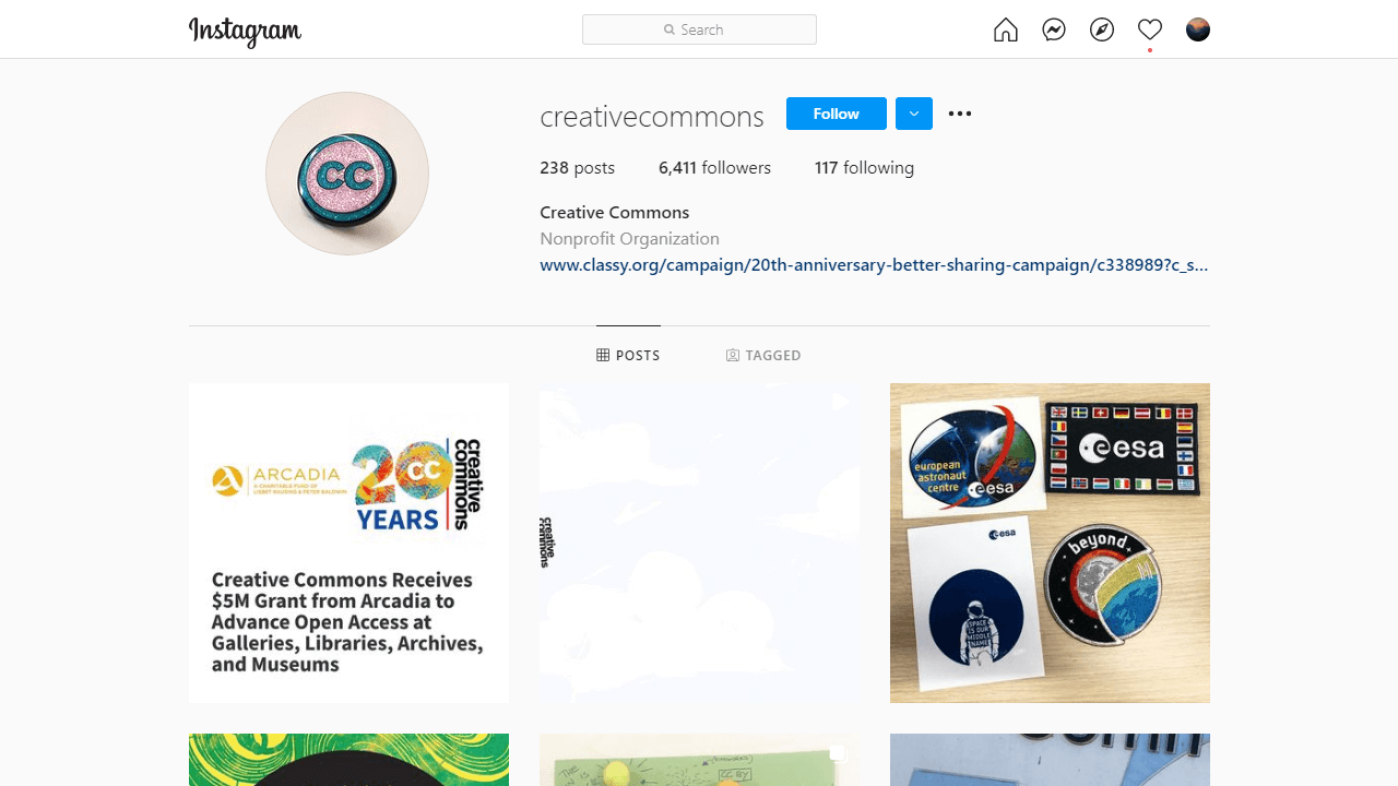 Creative Commons Instagram page showing a link in their bio