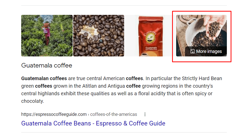 Google Knowledge Panel for the keyword “Guatemalan coffee