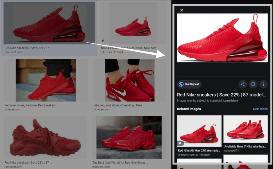 Google search results for red nike shows showing the proper use of alt-tags