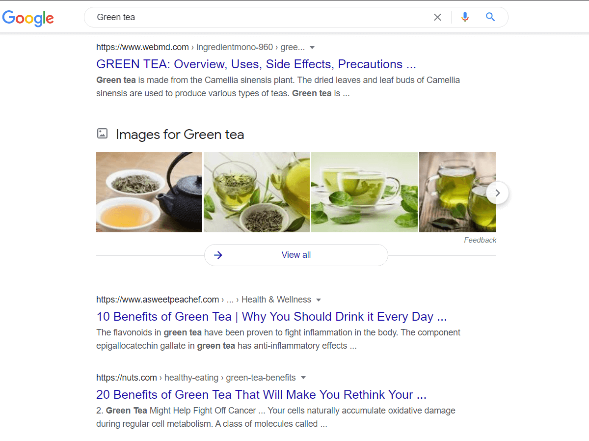 Search results for green tea illustrating SEO image tips