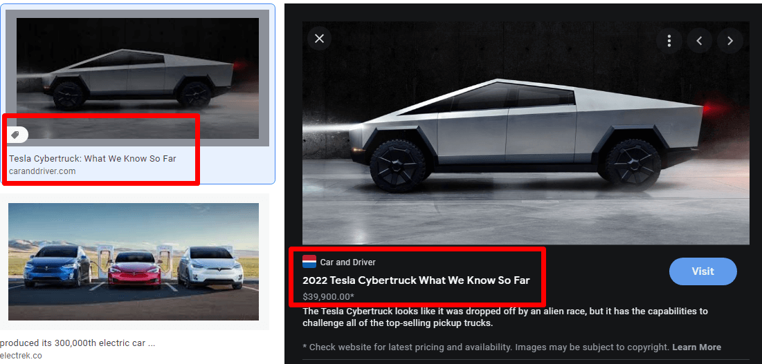 Tesla truck search results showing the use the product schema