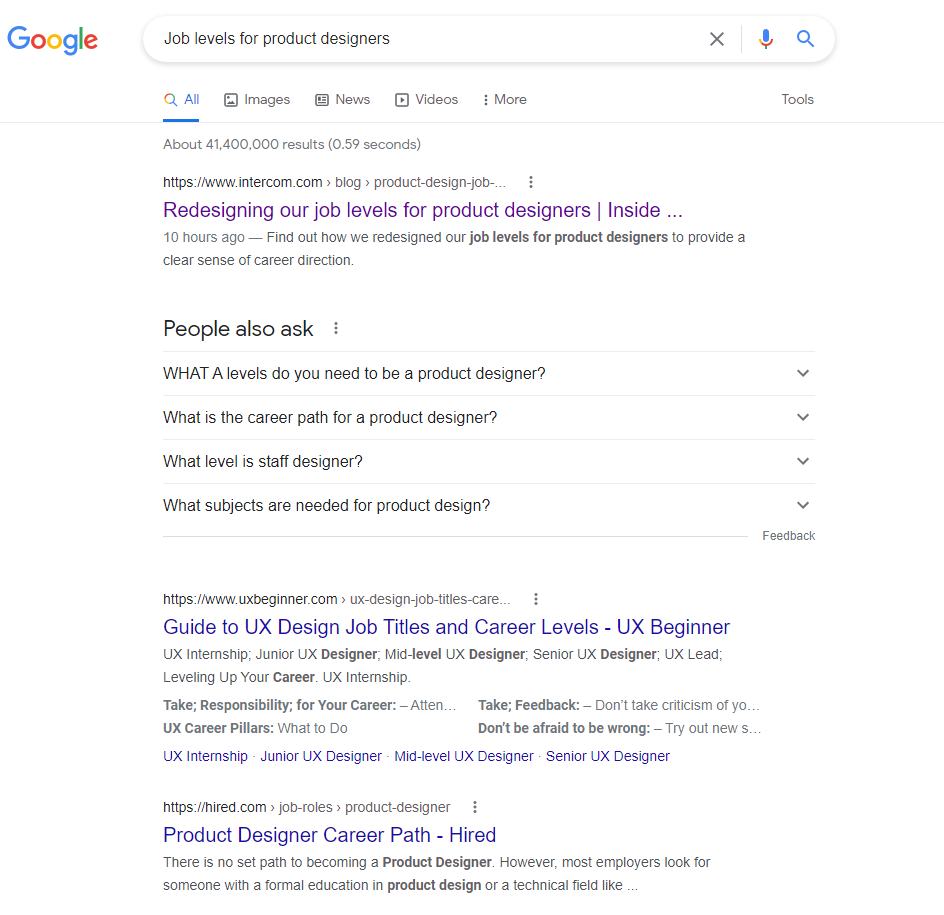 Traditional search results on google