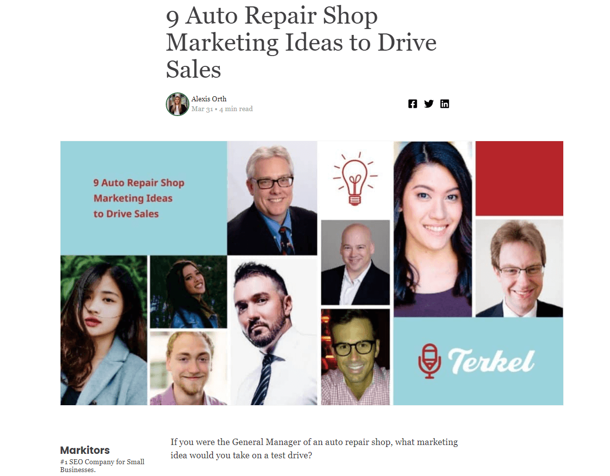 Use of people headshots on article on 9 Auto Repair Shop Marketing Ideas