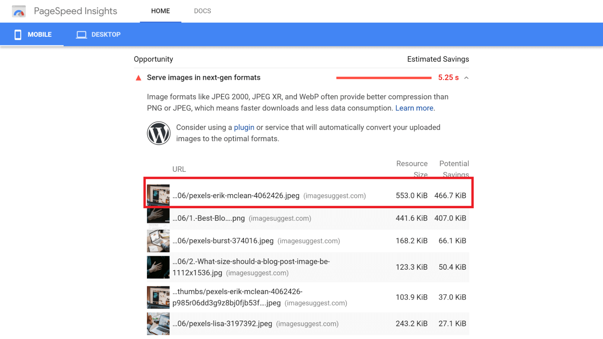 Using PageInsights to optimize images for image SEO