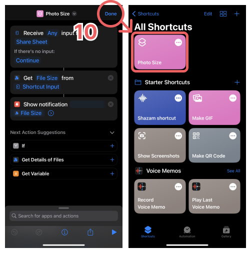 Creating a shortcut to display a photo's image size on iPhone (10)