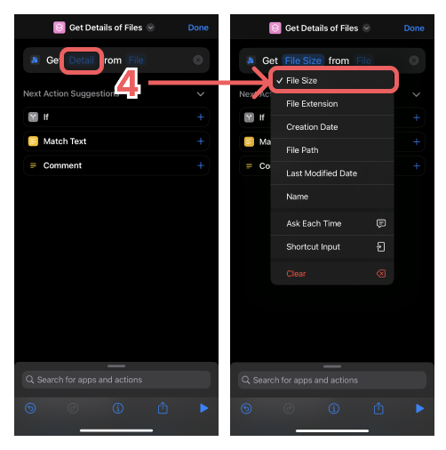 Creating a shortcut to display a photo's image size on iPhone (4)