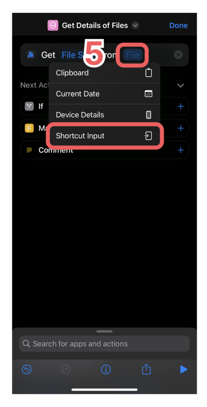 Creating a shortcut to display a photo's image size on iPhone (5)