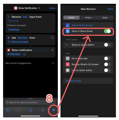 Creating a shortcut to display a photo's image size on iPhone (8)