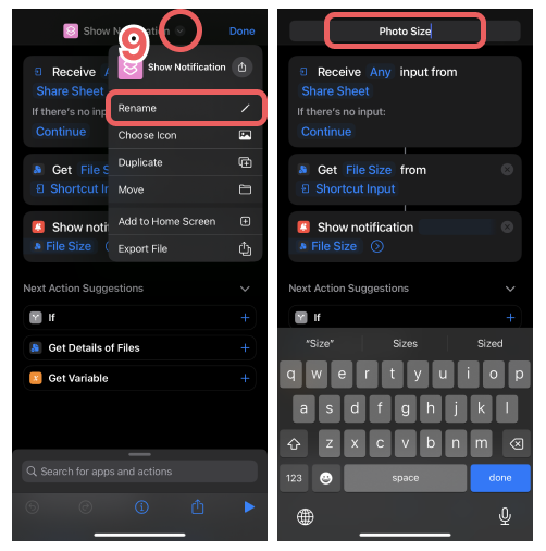 Creating a shortcut to display a photo's image size on iPhone (9)