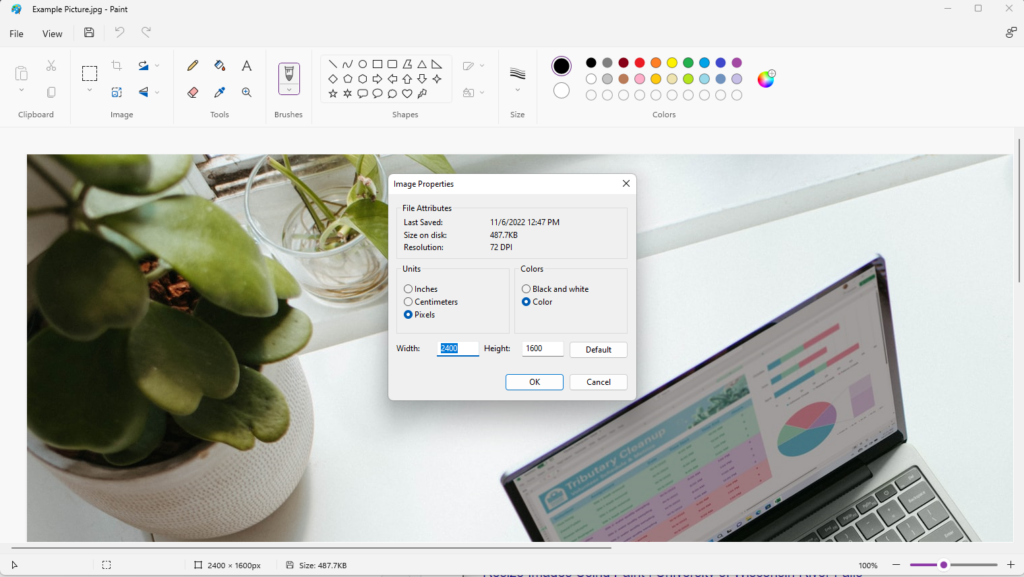 1. Screenshot of how to access Image Properties Microsoft Paint