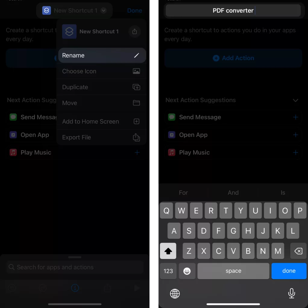 Rename Shortcut App to convert images to PDF on iPhone