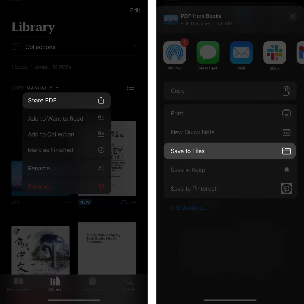 Save PDF from the Books Library on iPhone