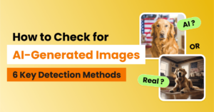 Comparison between AI-generated and real images of a dog with the title 'How to Check for AI-Generated Images: 6 Key Detection Methods'